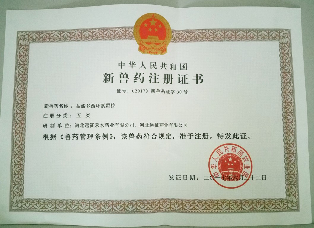 遠(yuǎn)征藥業(yè)喜獲“鹽酸多西環(huán)素顆?！毙芦F藥證書